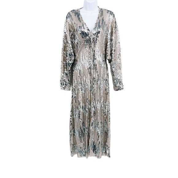 Zara Silver Sequin Maxi Dress Dolman Long Sleeve Metallic Blogger Fave Small - Picture 4 of 16